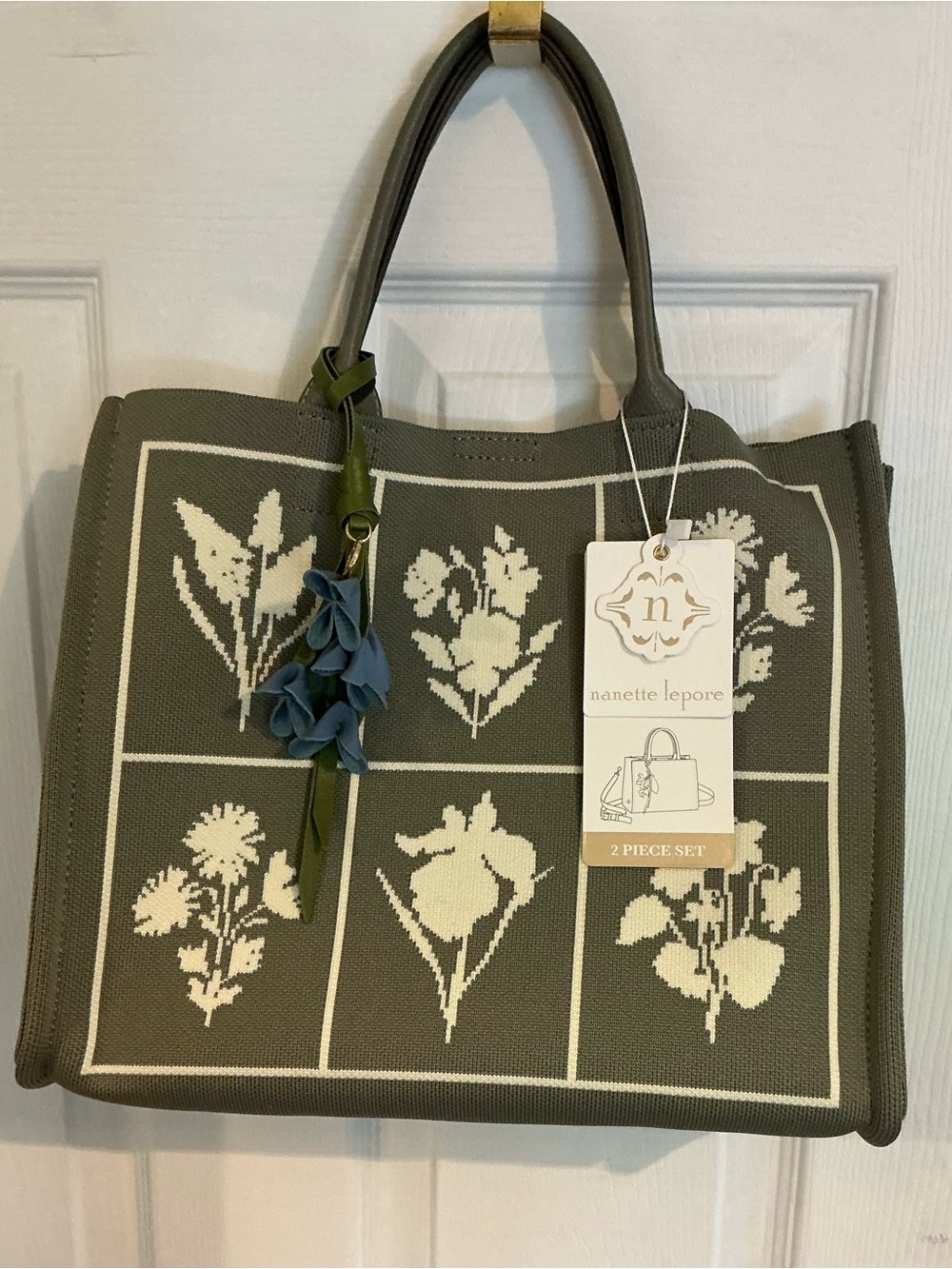 Nanette Lepore Olive and Cream Floral Knit Convertible Tote